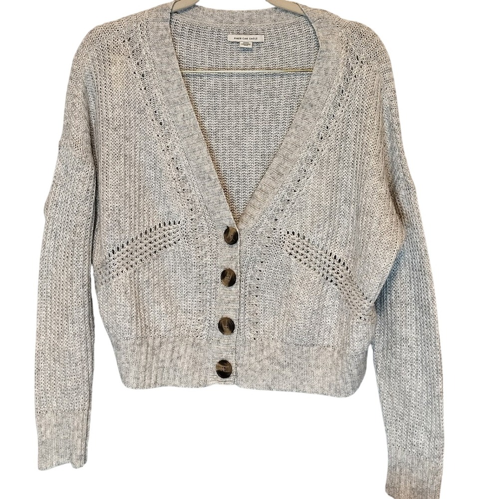 American Eagle Grey Marled‎ Knit Button Front Cropped Cardigan Sweater M
